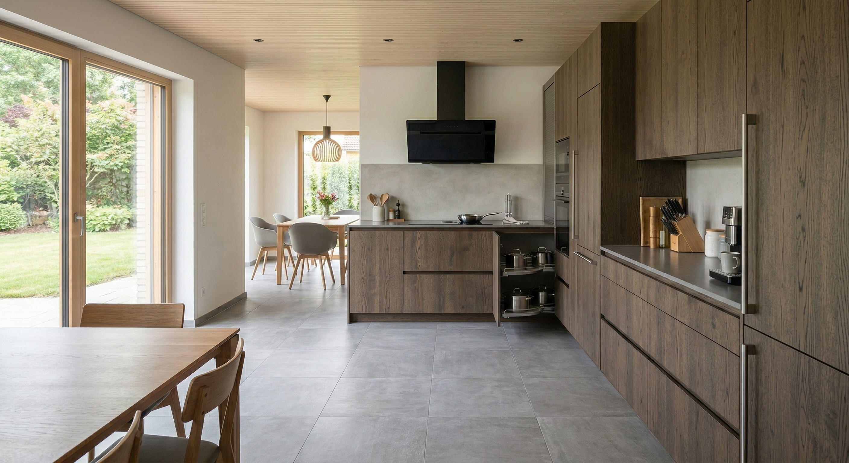 Moderne Holzküche in Zeilenform mit Kücheninsel, großen Fenstern und Essbereich im Hintergrund.